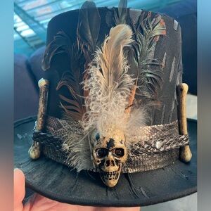 Gothic Skull Top Hat with Feathers - Black